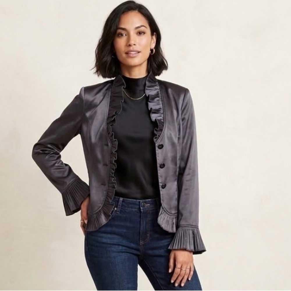 Adrianna Papell Evening Ruffle Satin Blazer Jacket - Size 8 - Charcoal Gray
